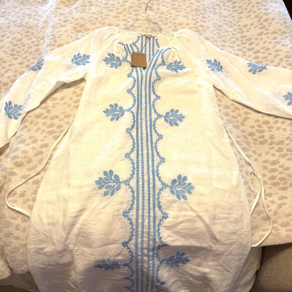 BODEN White Linen Belted Midi Dress with Blue Embroidery US size 8P (UK 12P) - Picture 10 of 16